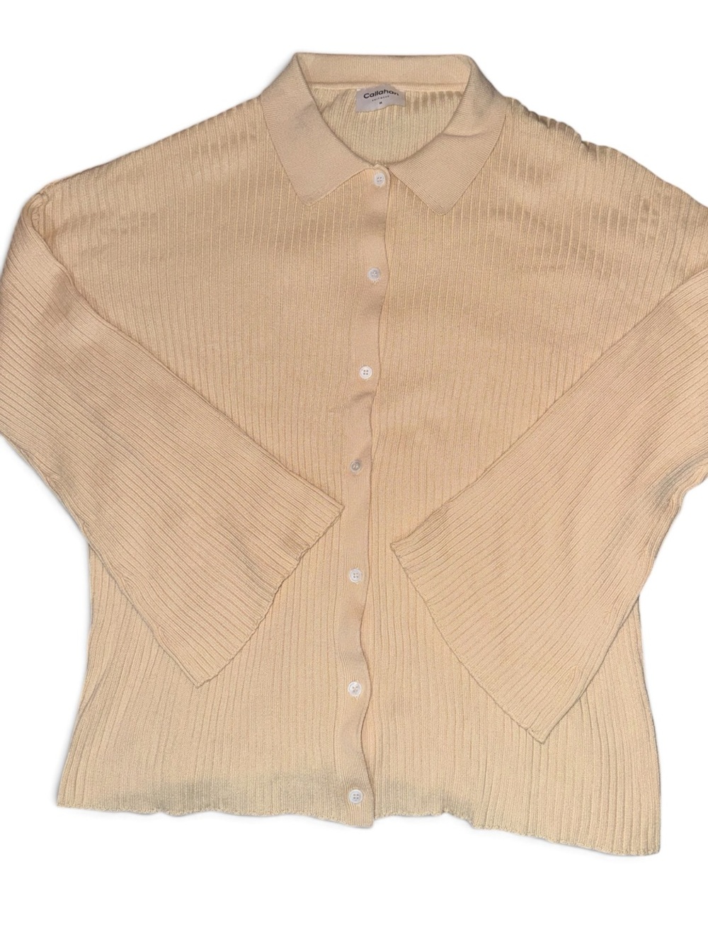 Callahan Knitwear Women’s Medium Cream Ribbed Button Front Bell Sleeve Cardigan